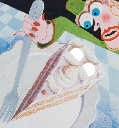 Peter Pongratz’s contribution to the 1987 Luna Luna park was the Face-in-hole Paintings of a Woman Eating Cake